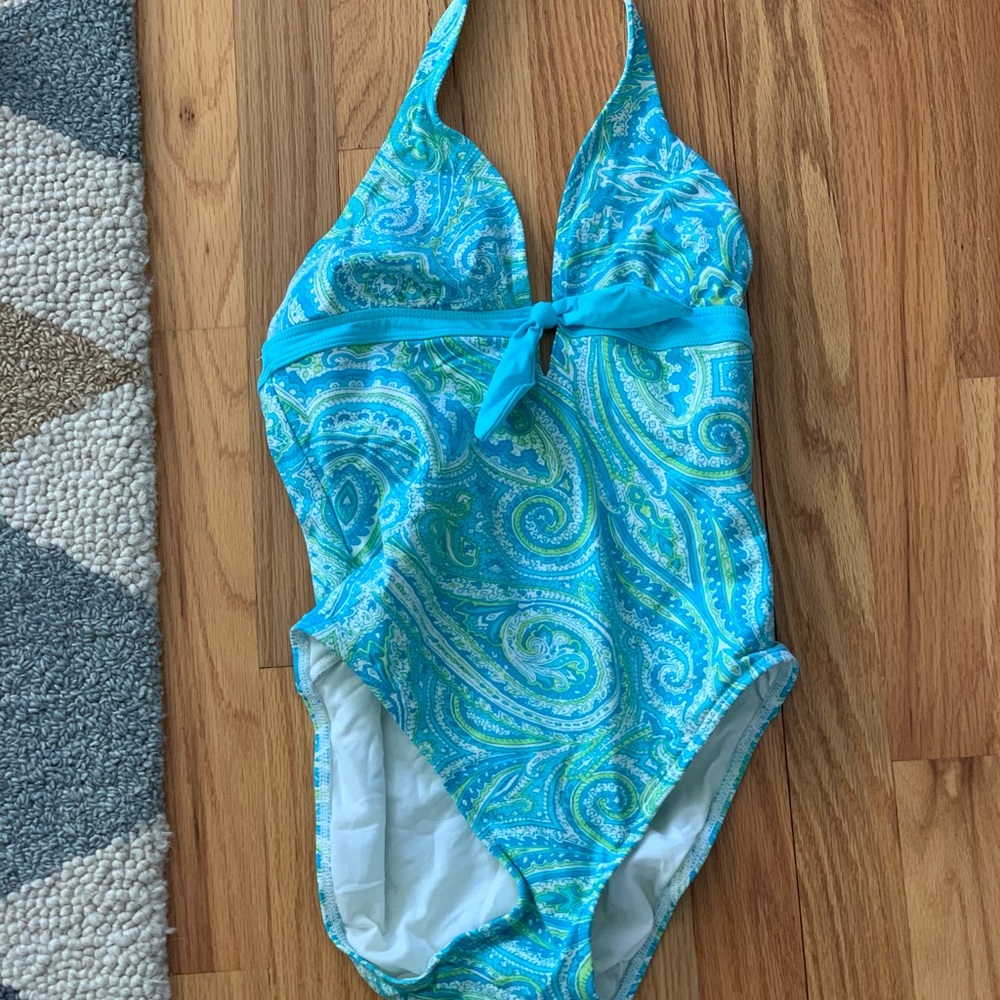 Ralph Lauren blue and green paisley one piece halter bathing suit
